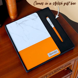 Personalized Marble Finish Diary – Engraved Name Notebook & Pen with Employee Name.