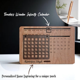 Customized Wooden Gift Combo – Elegant Diary, Engraved Pen & Timeless Infinity Calendar with Employee Name.