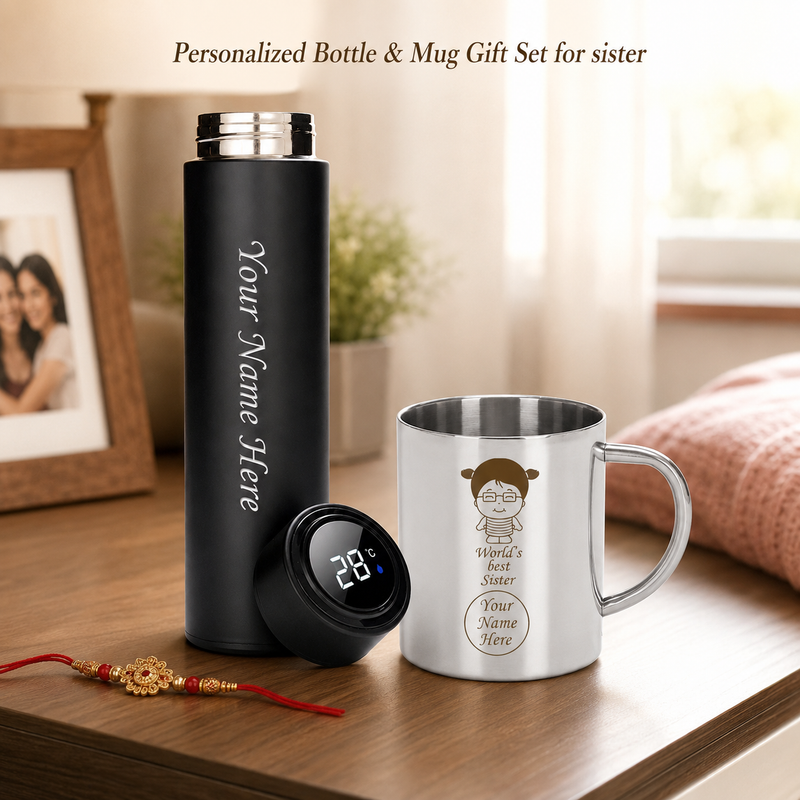 Customized Gift for Sister, Customized Bottle with Name & World’s Best Sister Steel Mug Set