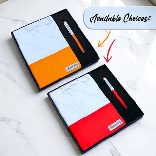 Personalized Marble Finish Diary – Engraved Name Notebook & Pen with Employee Name.