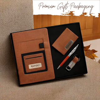 Luxury Personalized Gift Set – Leather Diary, Engraved Pen, Stylish Keychain & Cardholder with Employee Name.