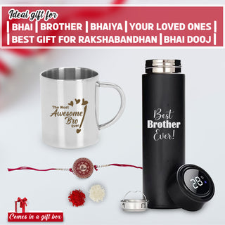 Rakshabandhan Gift Set- Awesome Bro Quote Engraved Mug & Black Bottle