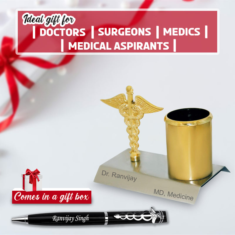 Personalized Doctor’s Combo – Engraved Pen & Custom Pen Stand with Name & Designation