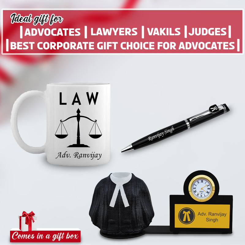 Personalized Advocate Desk Set – Engraved Pen, Pen Stand with Watch & Advocate Theme Mug