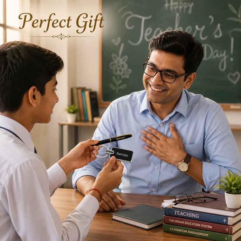 Teacher's Set: Custom Engraved Teacher Metal Keychain & Black-Gold Pen with Name Engraved.