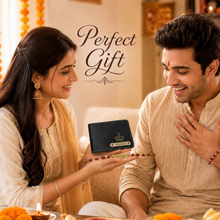 Personalized Rakhi Gift for Brother with Name | Customized Rudraksh Rakhi & Black Leather Wallet for Men