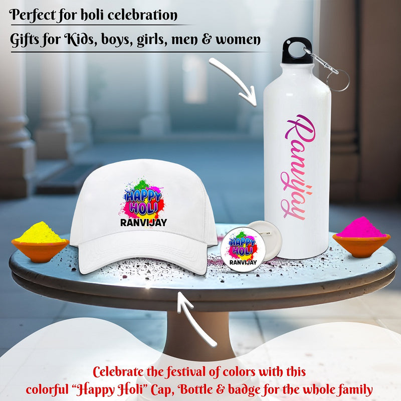 Personalized Holi Combo – Bottle, Badge & Cap with Name & 2 Holi Colors