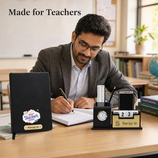 Customized Teacher's Combo Set- Customized Diary with Name, Personalized Pen with Name Engraved, Pen Stand with Clock