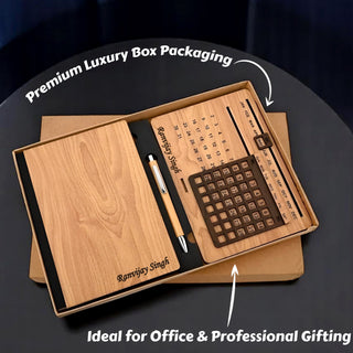 Customized Wooden Gift Combo – Elegant Diary, Engraved Pen & Timeless Infinity Calendar with Employee Name.