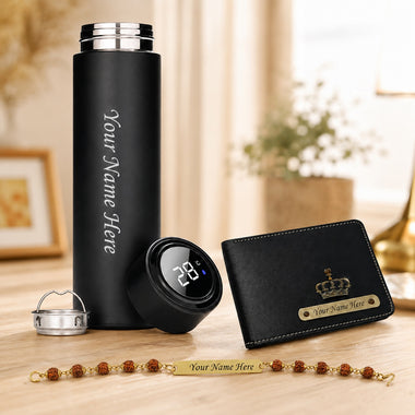 Customized Rakhi Gift for Brother – Name Engraved Bottle, Wallet & Rudraksh Rakhi for brother.