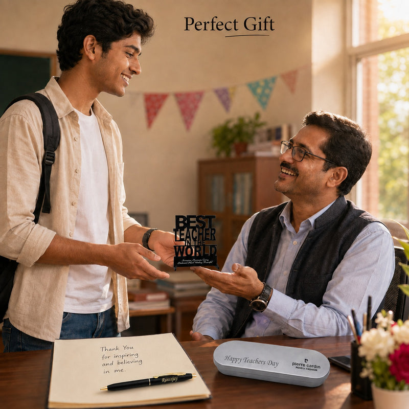 Customized Pen with Name Engraved & Best Teacher in the World Acrylic Stand | Personalized Premium Ball Pen Gift for Teacher