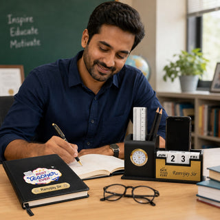 Customized Teacher's Combo Set- Customized Diary with Name, Personalized Pen with Name Engraved, Pen Stand with Clock