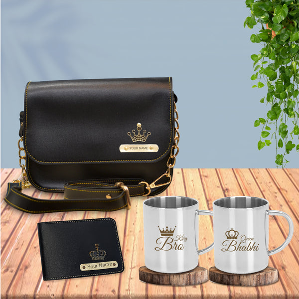 Men's Wallet with Sling Bag & King Bro & Queen Bhabhi Steel Mug Set.