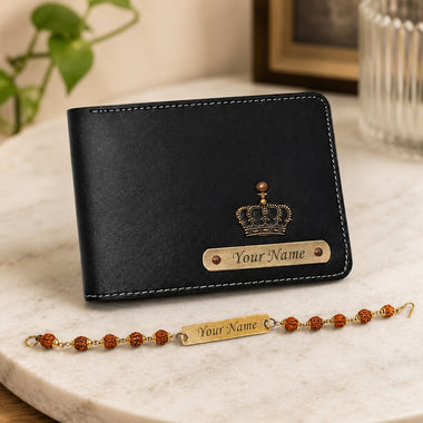 Personalized Rakhi Gift for Brother with Name | Customized Rudraksh Rakhi & Black Leather Wallet for Men