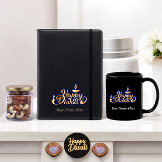 Diwali Gift Set – Black Mug, Leather Diary, Jar & Diyas – Custom Engraved
