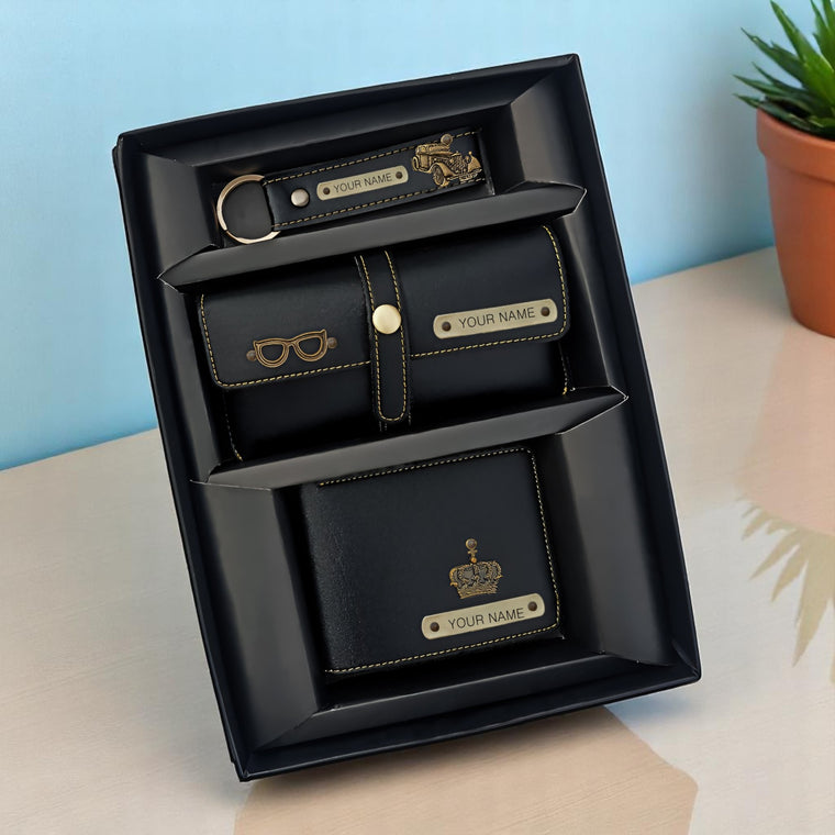 Men's Personalized Leather Gift Combo- Wallet, Eye wear Case & Keychain