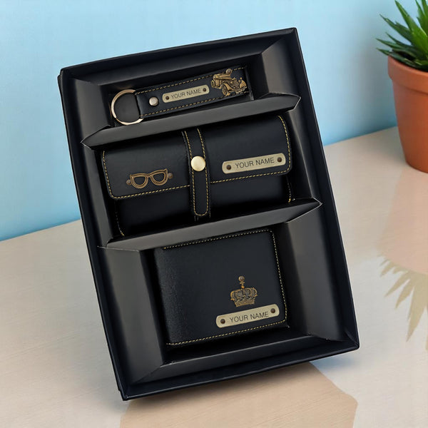 Men's Personalized Leather Gift Combo- Wallet, Eye wear Case & Keychain