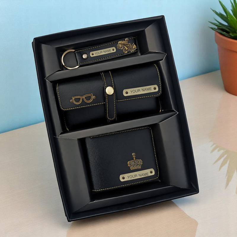 Men's Personalized Leather Gift Combo- Wallet, Eye wear Case & Keychain