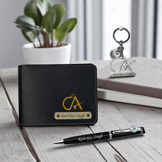CA Combo: CA Logo Keychain, Pen & Wallet with Name.