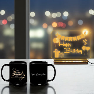 Personalized Birthday LED Acrylic Lamp with Wooden Base & Custom Mug with Name
