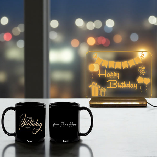 Personalized Birthday LED Acrylic Lamp with Wooden Base & Custom Mug with Name