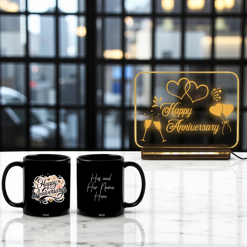 Personalized Happy Anniversary LED Night Lamp 4x6 inch & Customized Mug with Name – Acrylic Wooden Base Lamp