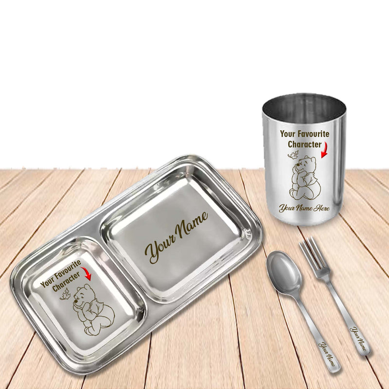 2 Compartment Stainless Steel Dinner Plate with Spoon & Fork – Name & Design Engraved