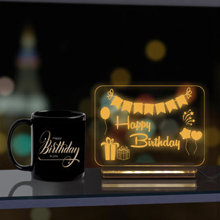 Happy Birthday LED Acrylic Night Lamp with Wooden Base & Ceramic Birthday Mug Combo