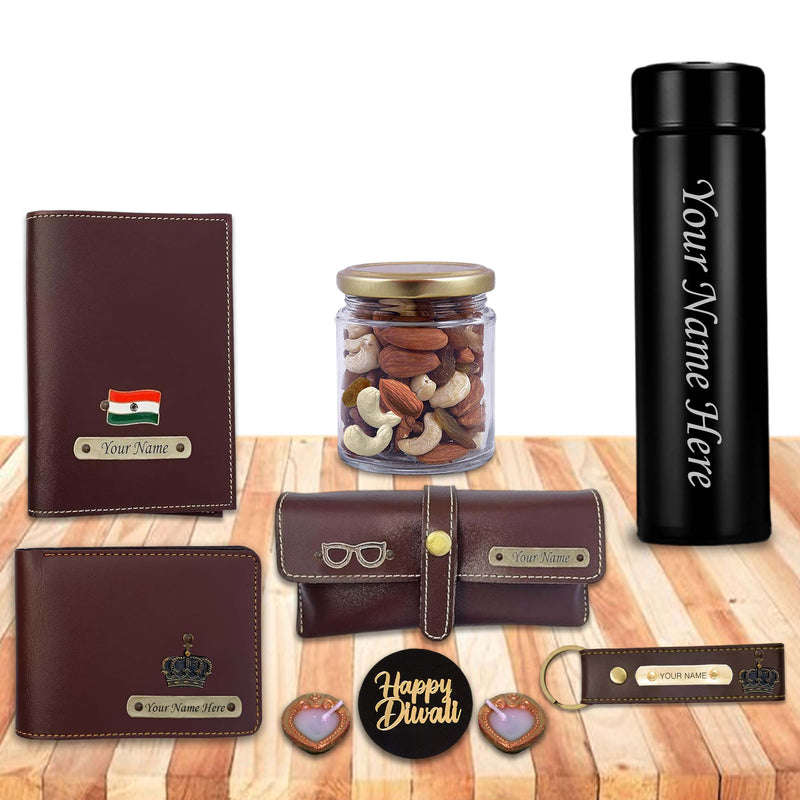 Diwali Gift Set – Wallet, Keychain, Eyewear Case & Passport Cover + Black Bottle.