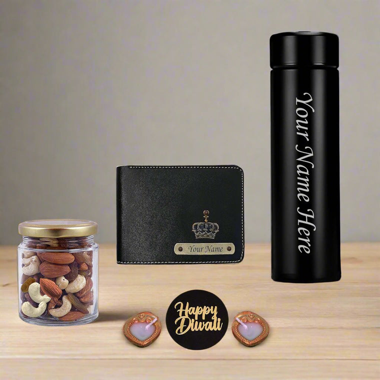 Diwali Gift Set – Wallet with King Charm, Bottle With Dry Fruits & Diyas