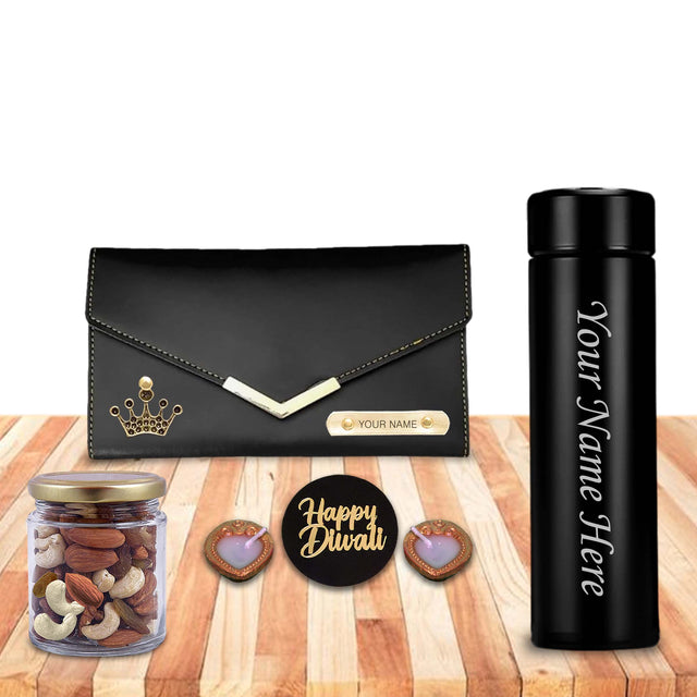 Diwali Gift Set for Women – Bottle with Name, Clutch With Dry Fruits & Diyas.