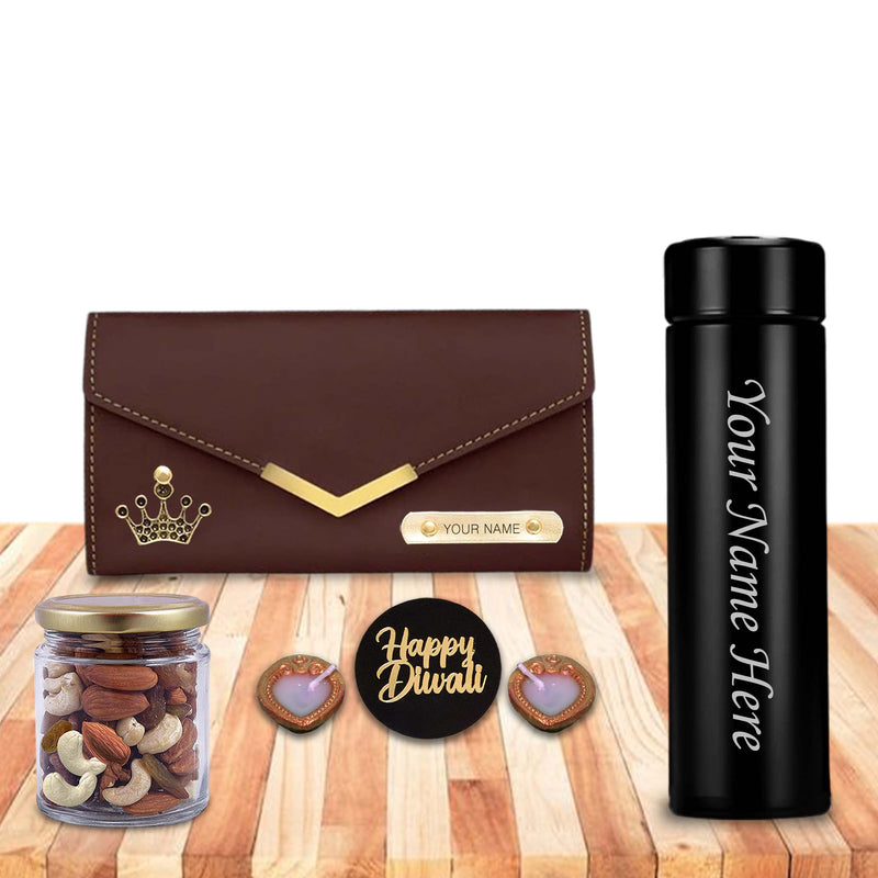 Diwali Gift Set for Women – Bottle with Name, Clutch With Dry Fruits & Diyas.