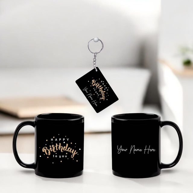 Birthday Gift Combo – Black Ceramic Coffee Mug &  Acrylic Keychain with 'Happy Birthday' Quote & Custom Name Printed.