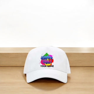 White Holi Cap with Name Printed – Happy Holi Festival Cap for Men & Women
