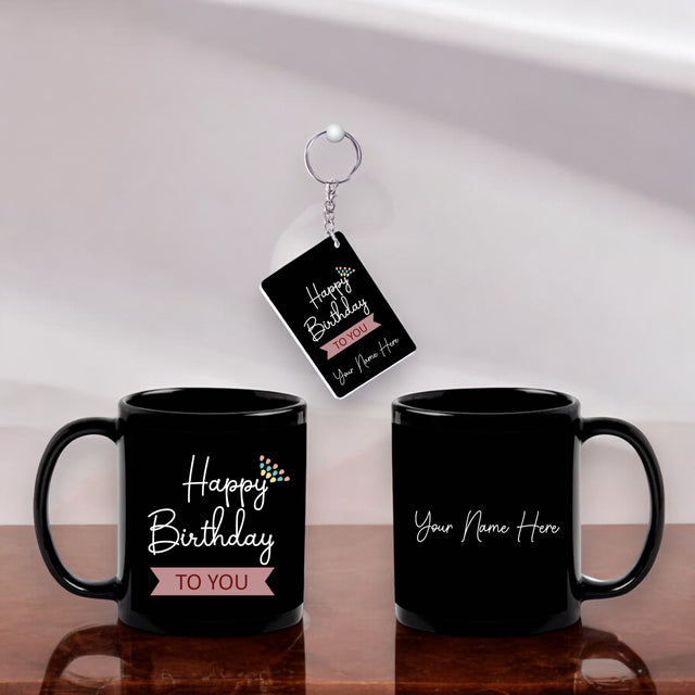 Bday Gift Combo – Ceramic Mug & Acrylic Keychain with 'Happy Birthday' Quote & Custom Name.