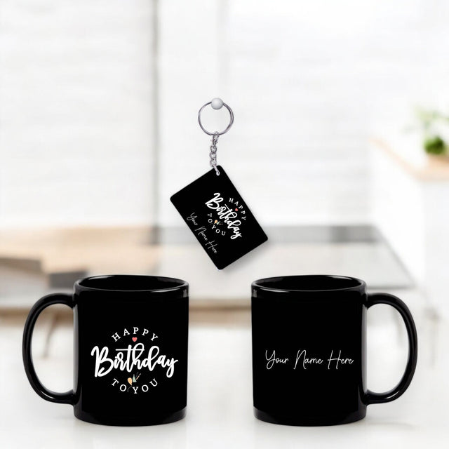 Birthday Gift Combo - Black Ceramic Coffee Mug & Acrylic Keychain with Happy Birthday Quote & Custom Name.