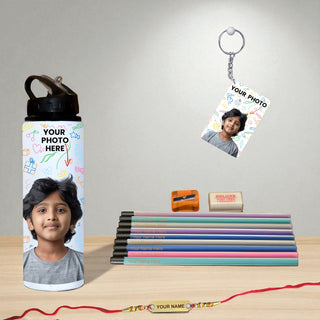 Personalized Rakshabandhan Gift Set for Kids | Customized Rakhi for Brother Kids with Name | Photo Bottle, Personalized Keychain & Pencils Set