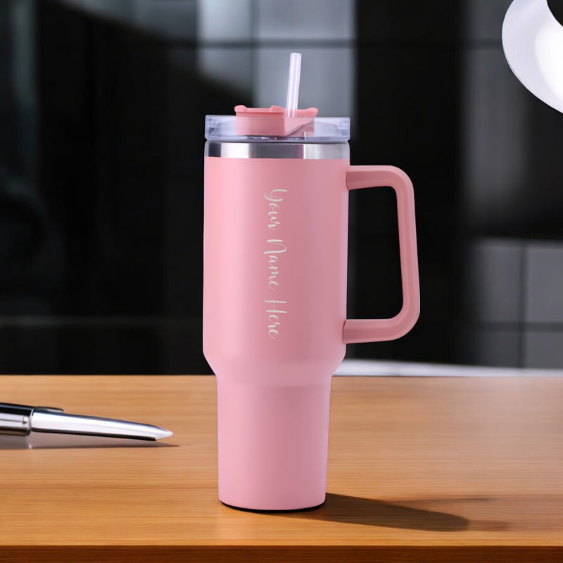 Personalized Stainless Steel Travel Tumbler with Lid, Straw & Name Engraving.