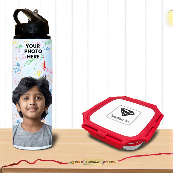 Rakhi Gift Set for Kids – Name Engraved Lunch Box, Photo Printed Water Bottle & Custom Foil Rakhi