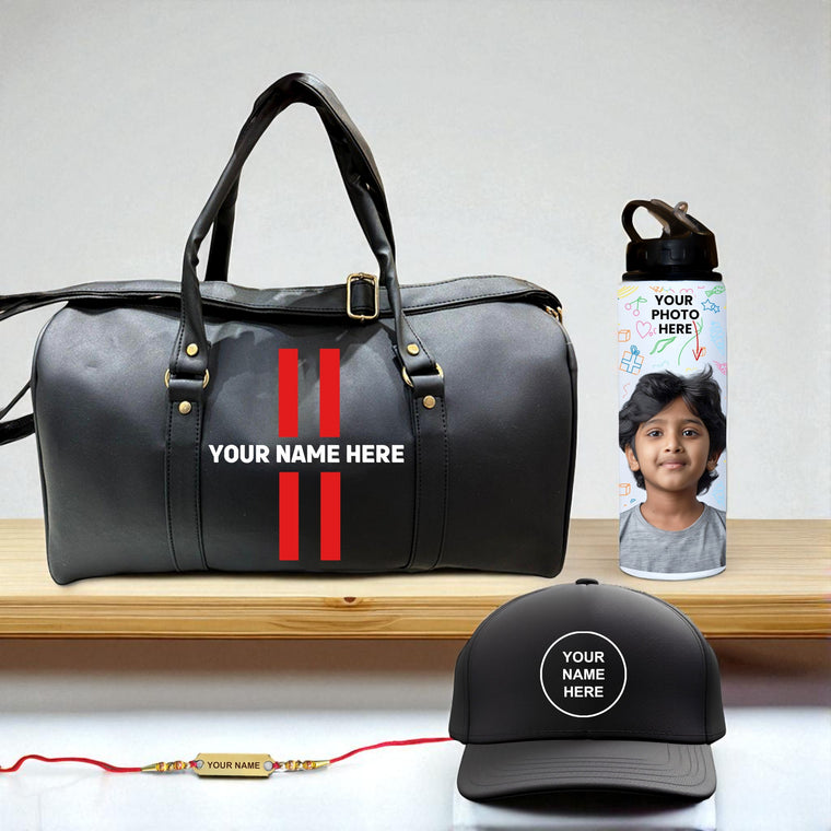 Rakhi Gift Set for Brother – Personalized Cap, Name Printed Duffle Bag, Photo Straw Bottle & Custom Name Foil Rakhi
