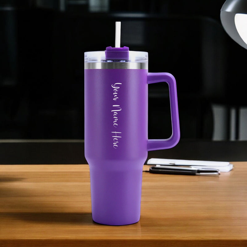 Personalized Stainless Steel Travel Tumbler with Lid, Straw & Name Engraving.