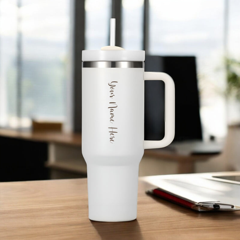 Personalized Stainless Steel Travel Tumbler with Lid, Straw & Name Engraving.