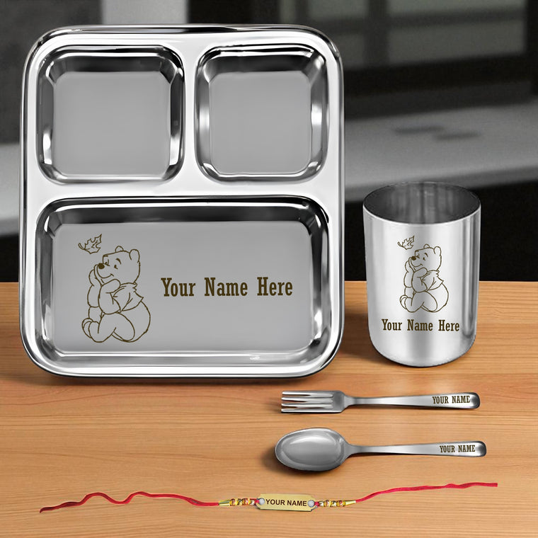 Personalized Rakhi Gift – Customized Steel Plate with Foil Rakhi for Brother