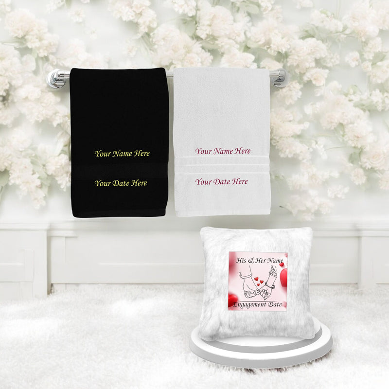 Engagement Gift Set – Custom Couple Towel Set & LED Cushion with Photo