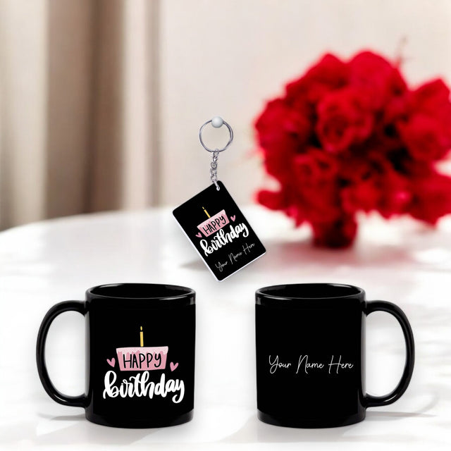 Birthday Gift Combo – Black Ceramic Coffee Mug &  Acrylic Keychain with 'Happy Birthday' Quote & Name.