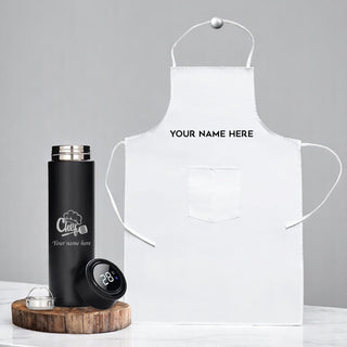 Chef's Custom Gift Combo - White Apron & Steel Bottle with Logo.