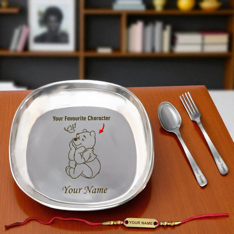 Rakhi Gift Combo – Personalized Square Plate Set with Foil Rakhi.