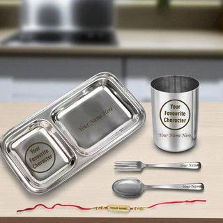 Rakshabandhan Gift Combo – 2 Compartment Steel Plate Set with Custom Foil Rakhi