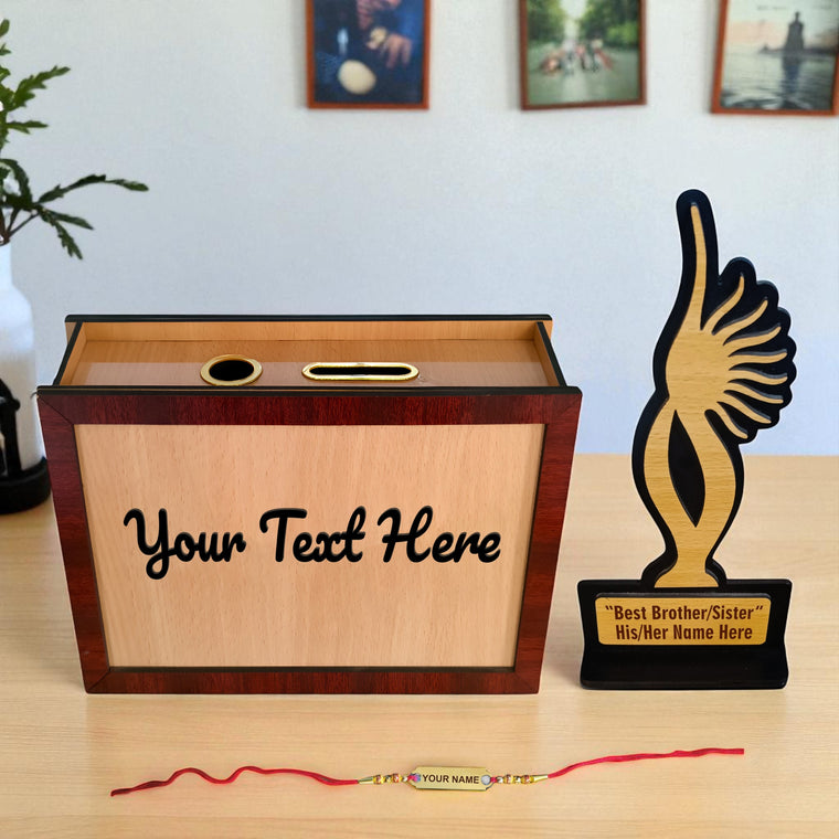 Rakhi Gift Combo – Customized  Piggy Bank, Trophy & Foil Rakhi