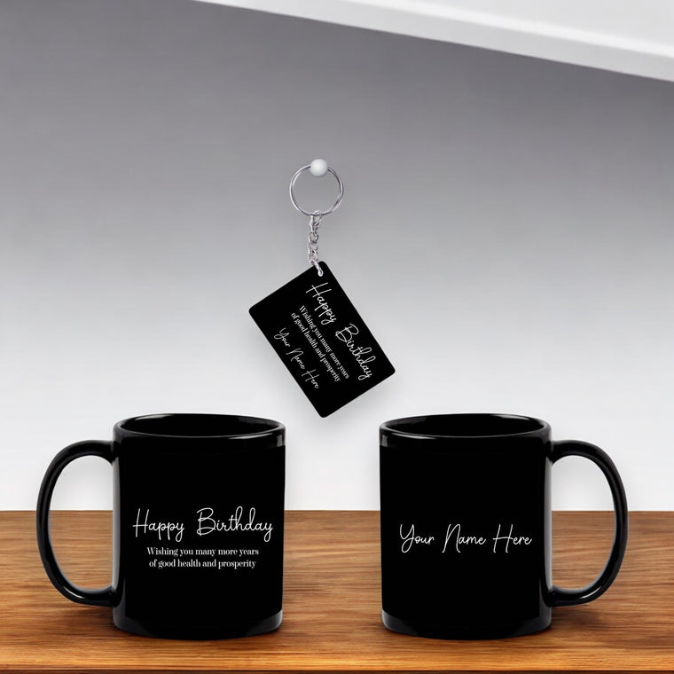 Birthday Gift Combo – Black Ceramic Coffee Mug &  Acrylic Keychain with 'Happy Birthday' Quote & Name Printed.